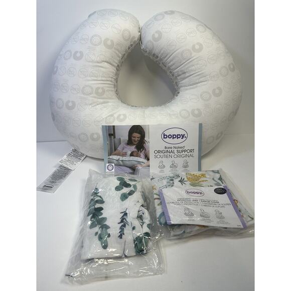 Boppy Nursing Pillow Bare Naked Original Support W/ 2 Covers & Protective Liner